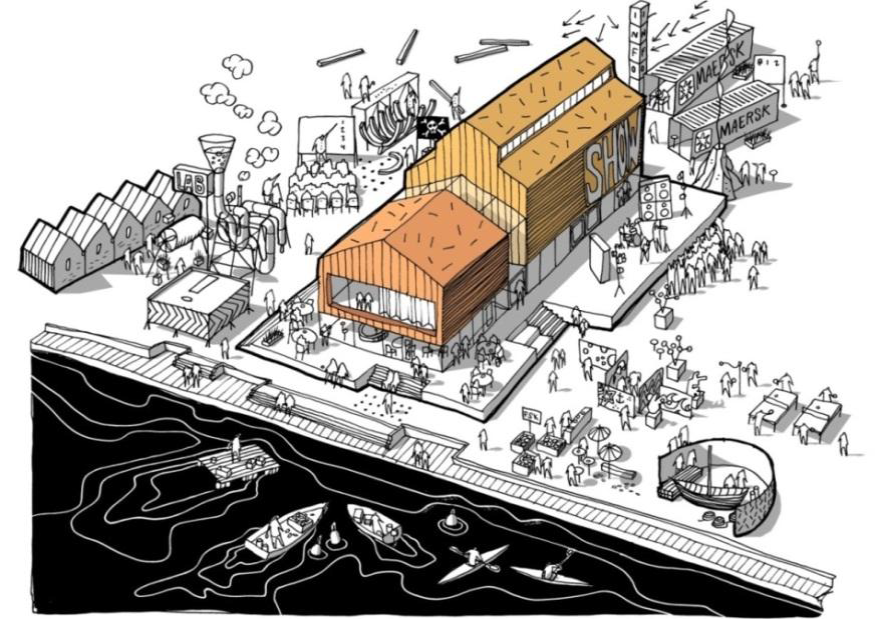 Tegning af pakhuset i Havneparken i Kalundborg